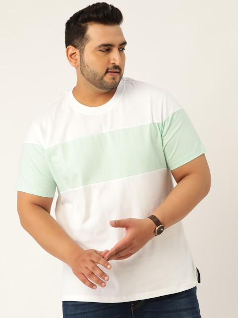 

Sztori Men White & Sea Green Colourblocked Plus Size Round Neck T-shirt