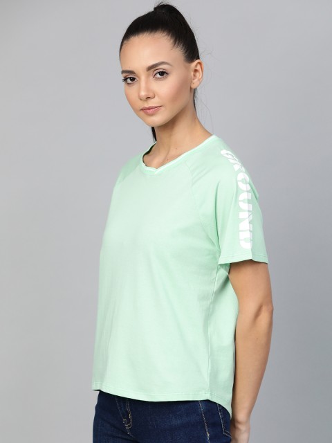 

Hrx By Hrithik Roshan Women Mist Green Solid Boxy Fit Bio-Wash Lifestyle T-shirt