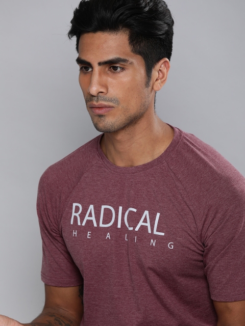 

HRX by Hrithik Roshan Men Burgundy Melange Printed Organic Yoga T-Shirts
