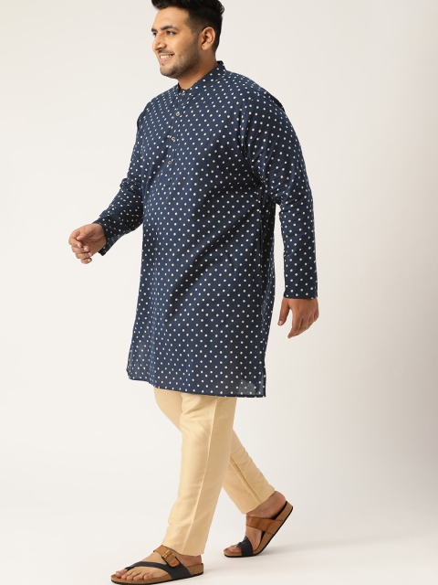 

Sztori Plus Size Men Navy Blue & Off-White Polka Dots Print Straight Kurta