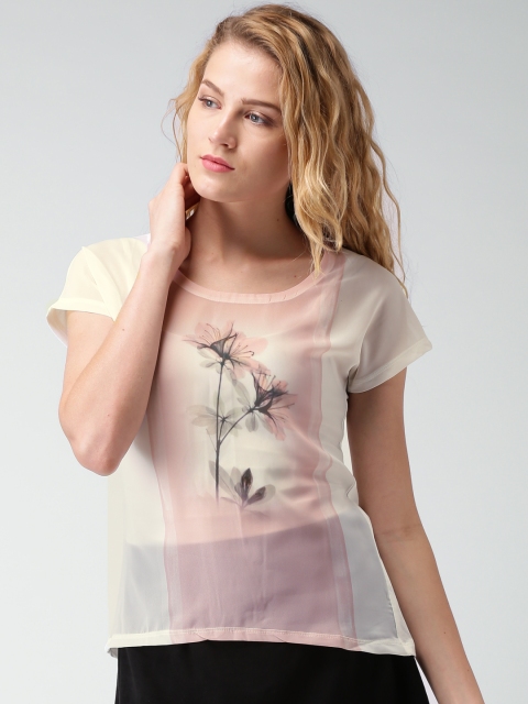 

Mast & Harbour Cream-Coloured & Pink Printed Semi-Sheer Top