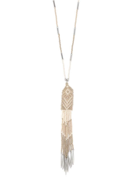 

RICHEERA Beige Silver-Plated Beaded Tasselled Necklace