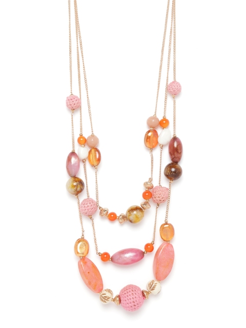 

RICHEERA Women Pink & Orange Gold-Plated Stone-Studded Crochet-Work Layered Necklace