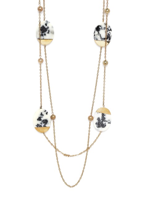 

RICHEERA Women White & Black Antique Gold-Plated Resin Print Layered Necklace