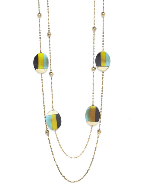 

RICHEERA Women Lime Green & Black Antique Gold-Plated Resin Print Layered Necklace
