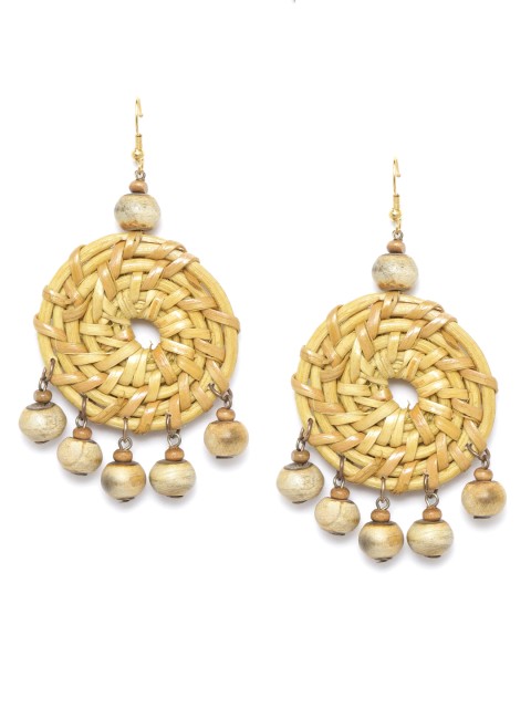 

RICHEERA Beige & Brown Basketweave Beaded Circular Drop Earrings