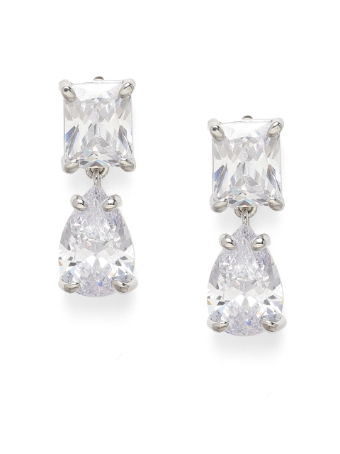 

Amavi Silver-Toned Rhodium Plated Teardrop Shaped Crystal Studded Drop Earrings