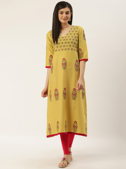 

Varkha Fashion Women Mustard Yellow & Rust Red Printed A-Line Kurta