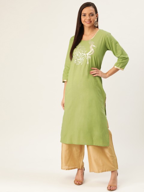 

Varkha Fashion Women Olive Green & Golden Quirky Yoke Design Straight Kurta
