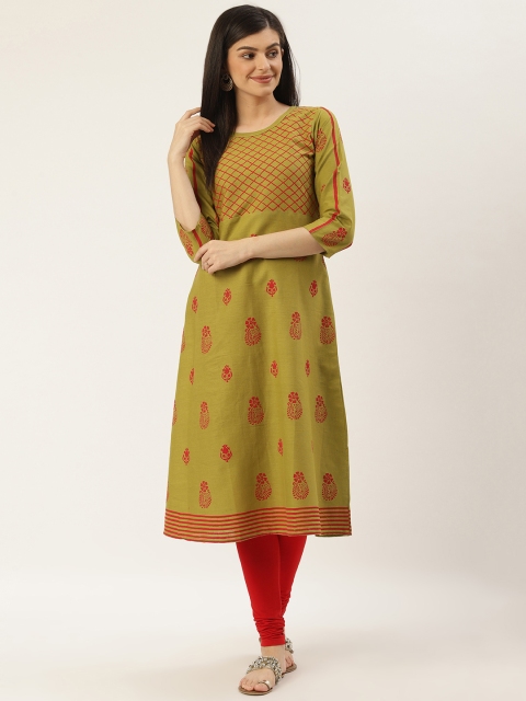 

Varkha Fashion Women Lime Green & Red Ethnic Printed A-Line Kurta