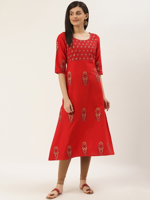 

Varkha Fashion Women Red & Golden Ethnic Printed A-Line Kurta