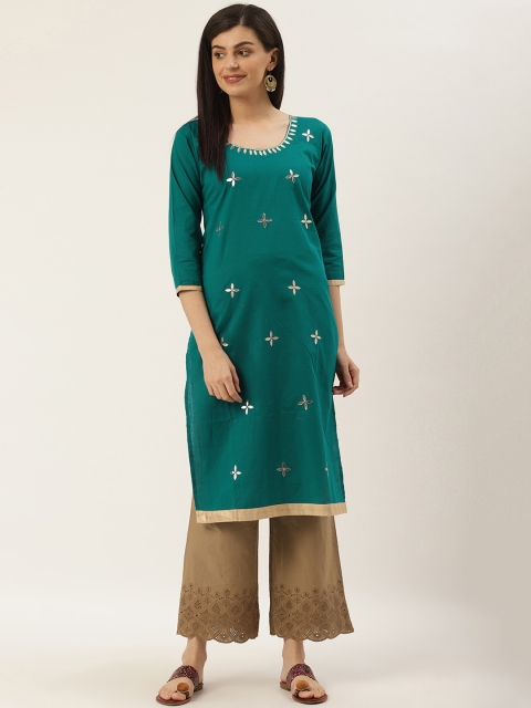 

Varkha Fashion Women Teal Green & Golden Gotta Patti Detail Straight Kurta