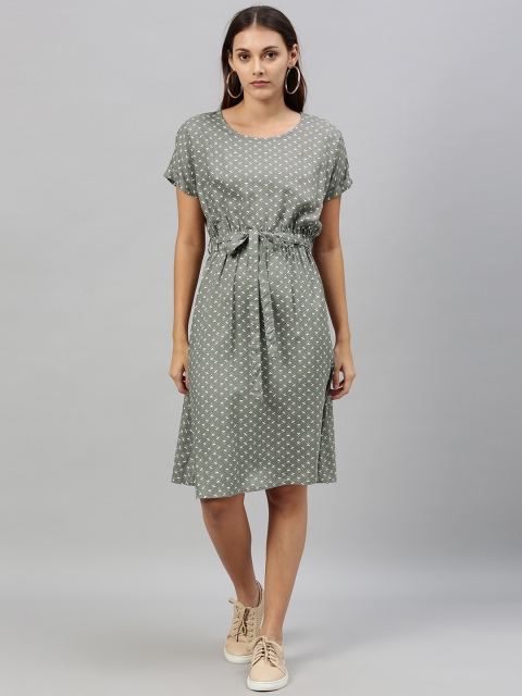 

HERE&NOW Women Grey Printed A-Line Dress with Tie-up Detail