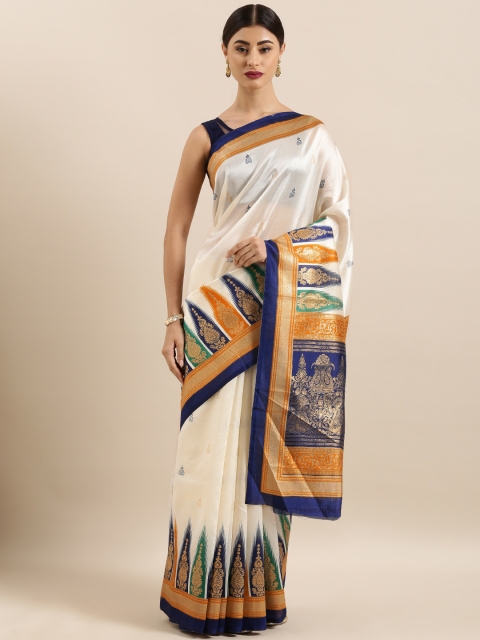 

KALINI Off-White & Blue Art Silk Printed Mysore Silk Saree