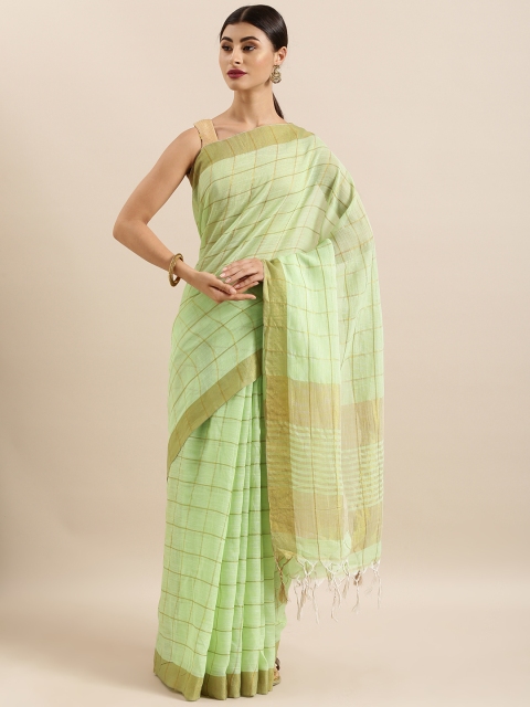 

KALINI Green & Golden Linen Blend Checked Saree