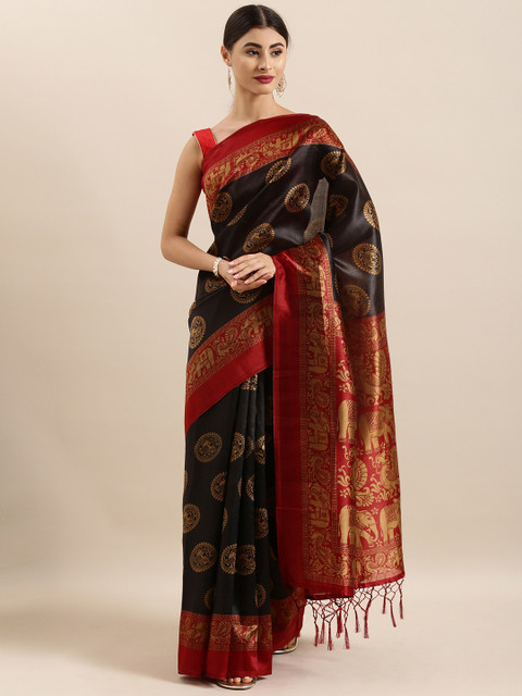 

KALINI Black & Golden Silk Cotton Kalamkari Printed Khadi Saree