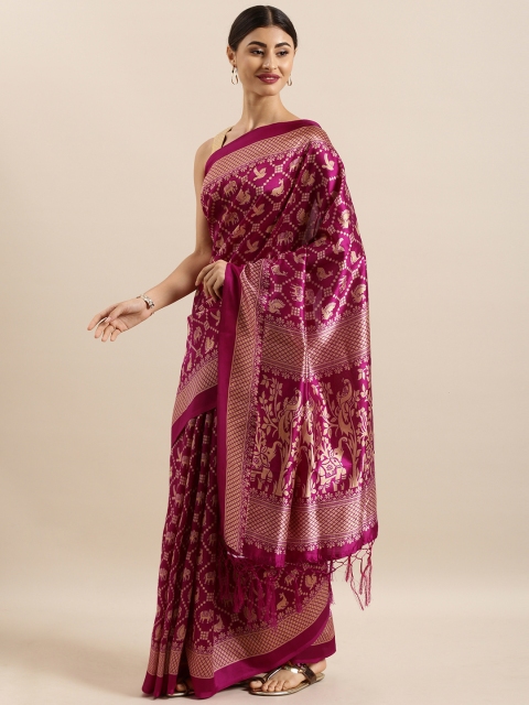 

KALINI Pink & Gold-Toned Silk Cotton Woven Design Kalamkari Khadi Saree