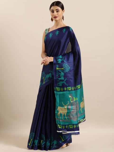 

KALINI Navy Blue Cotton Blend Printed Khadi Saree