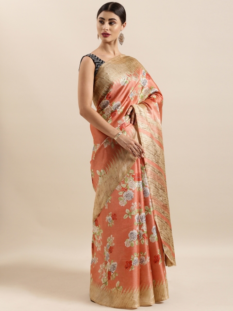 

KALINI Orange & Grey Cotton Blend Printed Khadi Saree