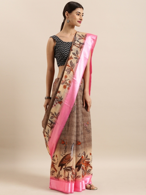 

KALINI Brown & Pink Linen Blend Printed Saree