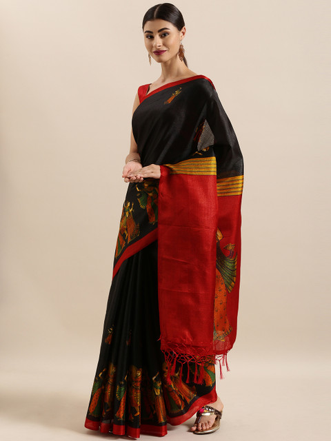 

KALINI Black & Rust Red Cotton Blend Printed Kalamkari Khadi Saree