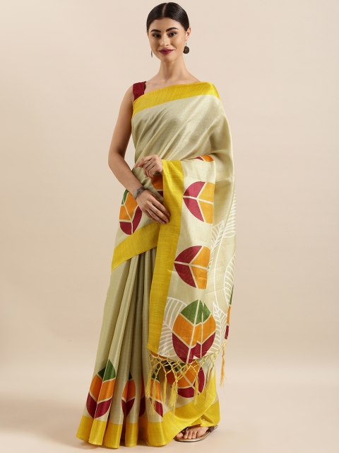 

KALINI Beige & Mustard Yellow Cotton Blend Solid Khadi Saree