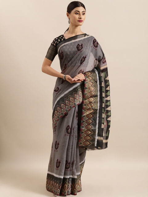 

KALINI Grey & Black Linen Blend Ikkat Printed Kota Saree