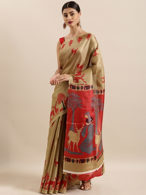 

KALINI Beige & Rust Red Cotton Blend Printed Kalamkari Khadi Saree