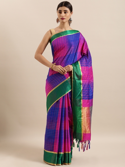 

KALINI Pink & Blue Art Silk Checked Saree