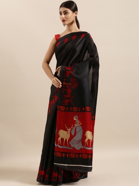 

KALINI Black Cotton Blend Solid Khadi Saree