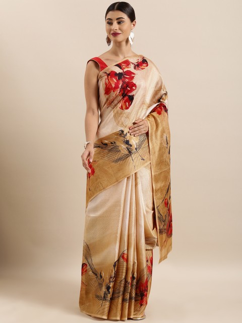 

KALINI Beige Cotton Blend Printed Khadi Saree