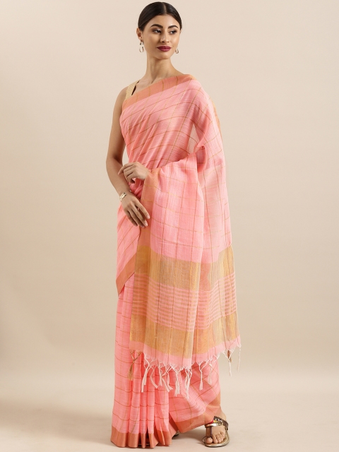 

KALINI Peach-Coloured & Gold-Toned Linen Blend Checked Saree