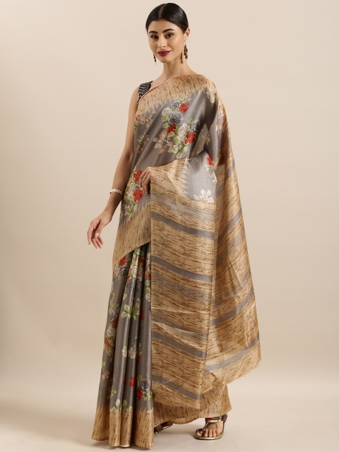 

KALINI Grey & Beige Cotton Blend Printed Khadi Saree