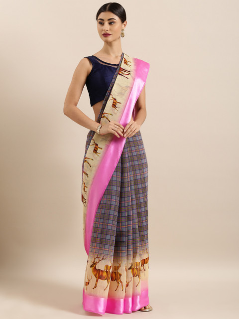 

KALINI Grey & Pink Linen Blend Printed Saree