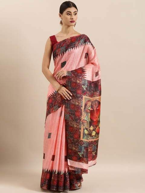 

KALINI Peach-Coloured & Maroon Cotton Blend Printed Khadi Saree