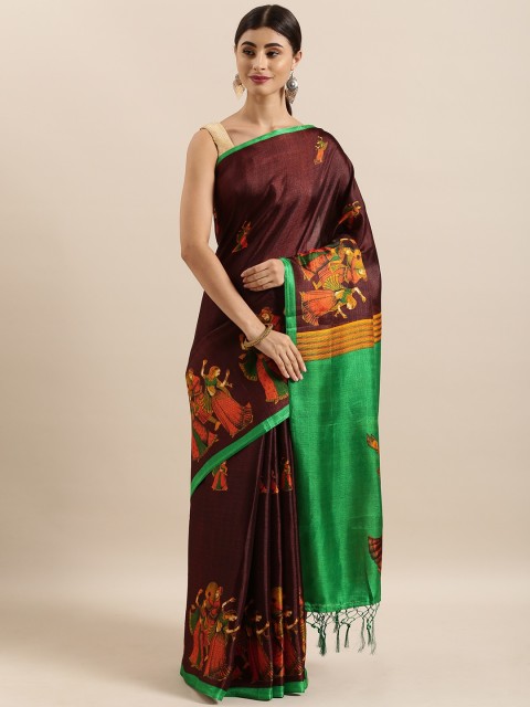 

KALINI Brown & Orange Cotton Blend Digital Printed Khadi Saree