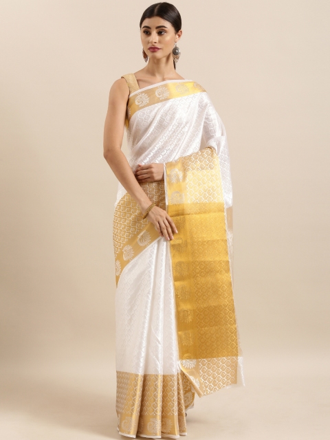 

KALINI White & Gold-Toned Art Silk Woven Design Kanjeevaram Saree