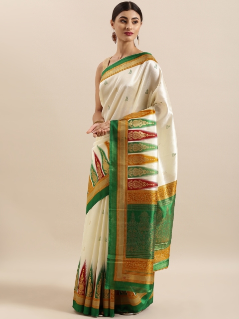 

KALINI Off-White & Green Art Silk Printed Mysore Silk Saree