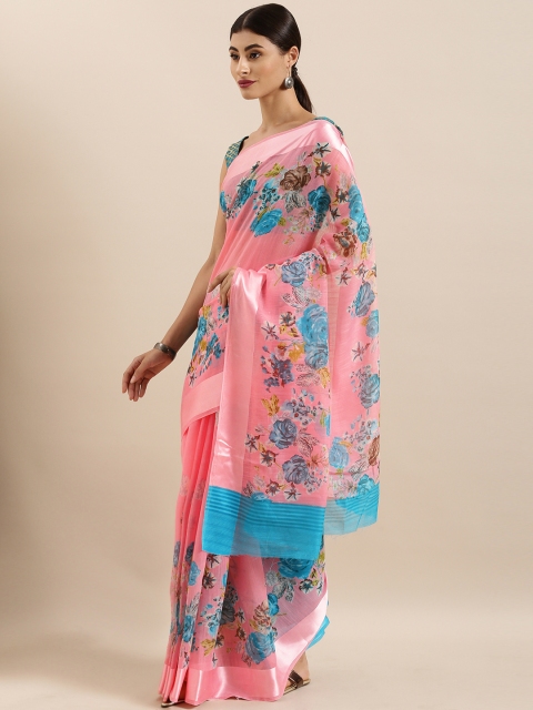 

KALINI Pink & Blue Linen Blend Printed Saree
