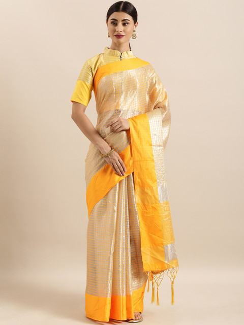 

KALINI Mustard Yellow & Silver Art Silk Checked Chettinad Saree