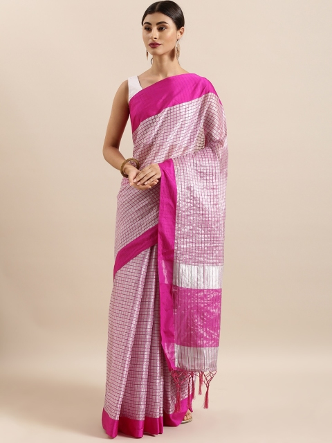 

KALINI Silver-Toned & Pink Art Silk Checked Chettinad Saree
