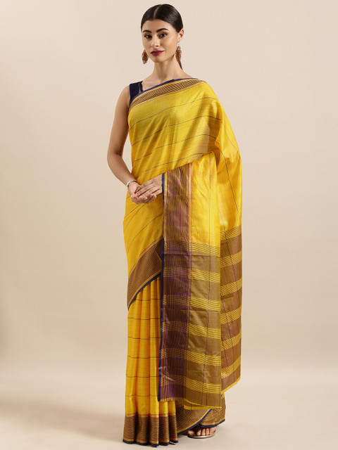 

KALINI Mustard & Navy Blue Art Silk Striped Mysore Silk Saree