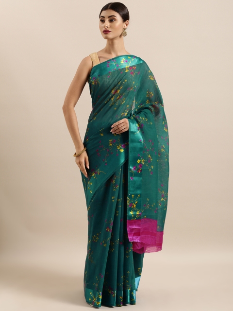 

KALINI Green & Pink Linen Blend Printed Saree