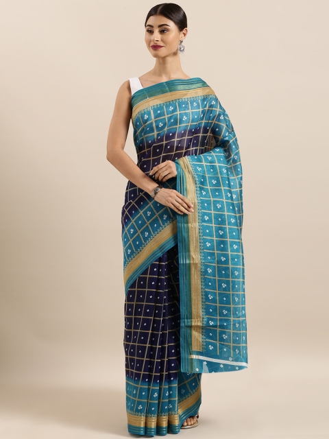 

KALINI Navy Blue Cotton Blend Checked Bandhani Saree