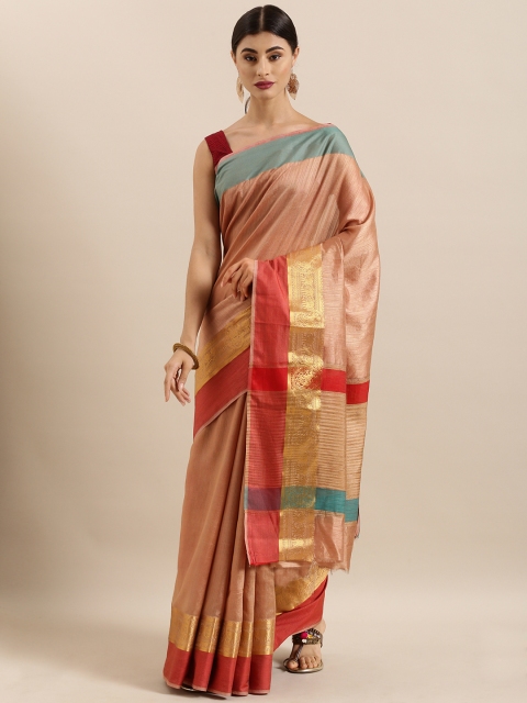 

KALINI Peach-Coloured Silk Cotton Solid Kanjeevaram Saree