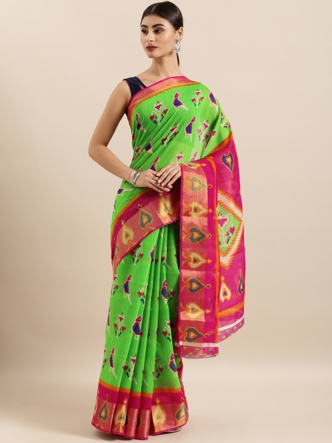 

KALINI Green & Pink Linen Blend Printed Pochampally Saree