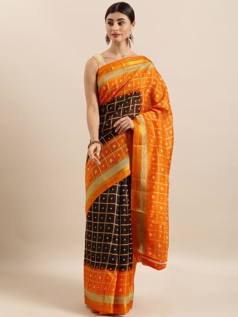 

KALINI Coffee Brown & Orange Cotton Blend Checked Khadi Saree
