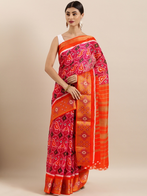 

KALINI Pink & Orange Linen Blend Printed Pochampally Saree