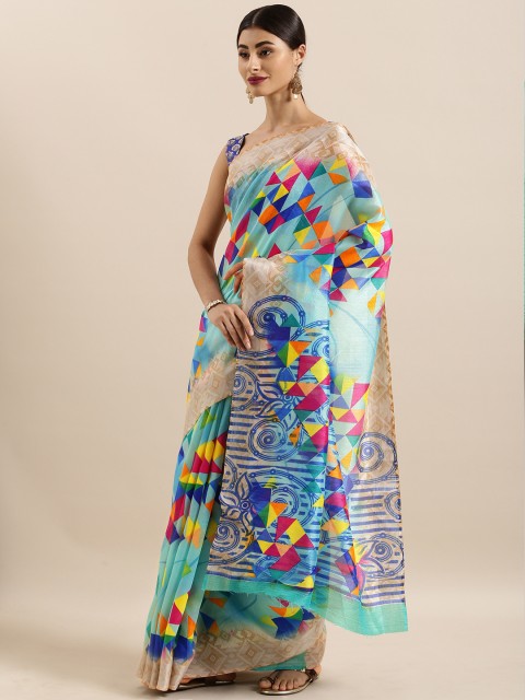 

KALINI Blue & Beige Linen Blend Printed Saree