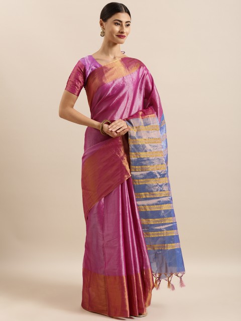 

KALINI Pink & Golden Art Silk Solid Tussar Saree